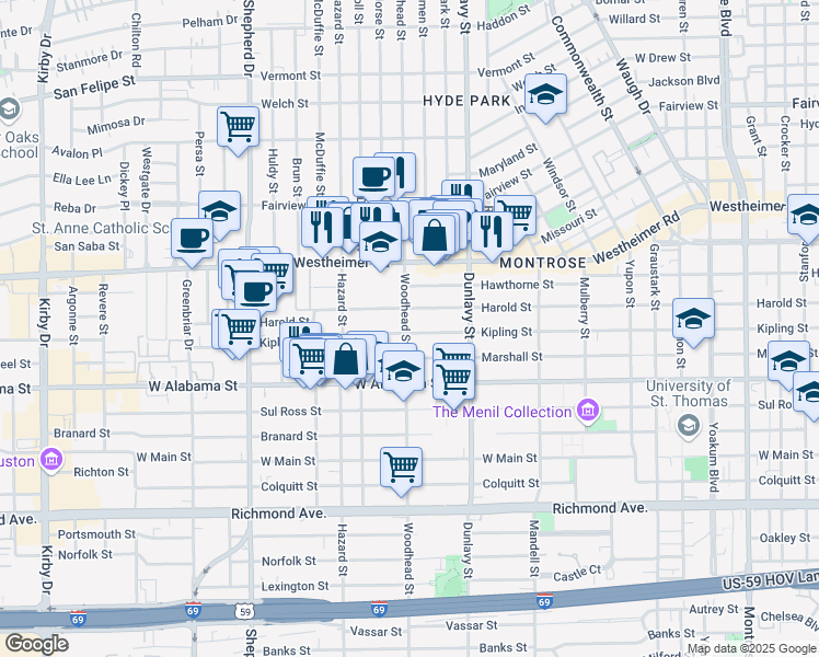 map of restaurants, bars, coffee shops, grocery stores, and more near 1758 Kipling Street in Houston