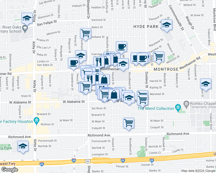 map of restaurants, bars, coffee shops, grocery stores, and more near 1912 Kipling Street in Houston