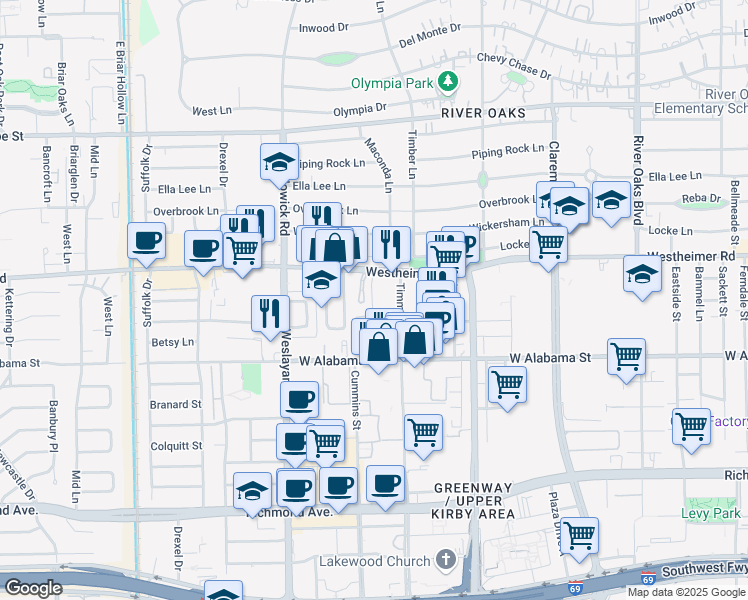 map of restaurants, bars, coffee shops, grocery stores, and more near 3703 Westheimer Road in Houston