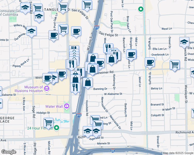 map of restaurants, bars, coffee shops, grocery stores, and more near 4721 Westheimer Road in Houston