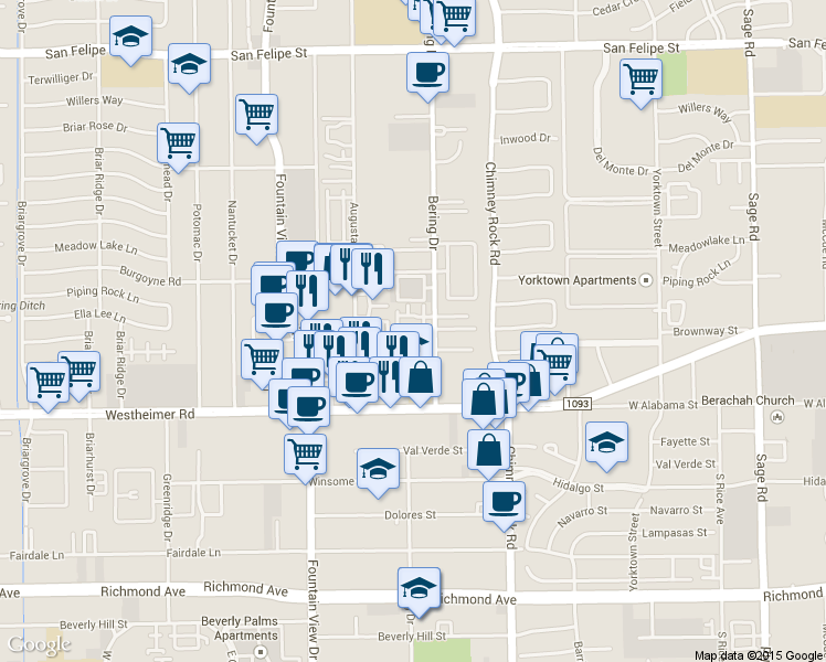 map of restaurants, bars, coffee shops, grocery stores, and more near 2676 Bering Drive in Houston