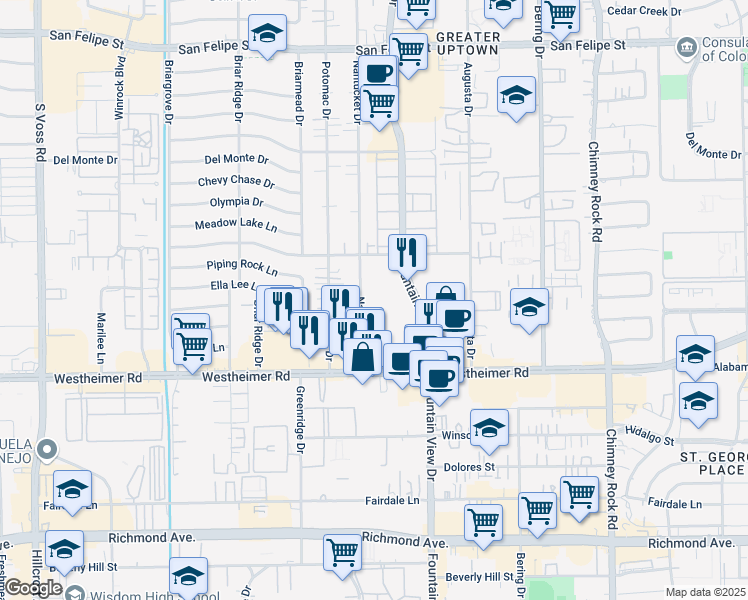 map of restaurants, bars, coffee shops, grocery stores, and more near 2503 Nantucket Drive in Houston