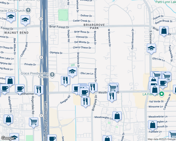 map of restaurants, bars, coffee shops, grocery stores, and more near 10027 Piping Rock Lane in Houston