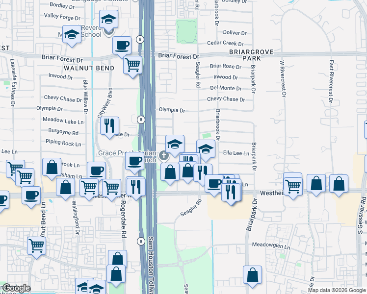 map of restaurants, bars, coffee shops, grocery stores, and more near 10219 Piping Rock Lane in Houston