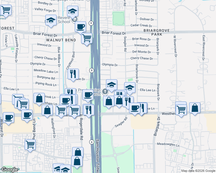 map of restaurants, bars, coffee shops, grocery stores, and more near 10311 Piping Rock Lane in Houston