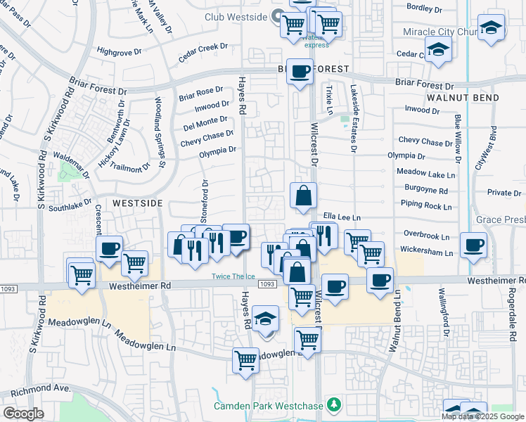 map of restaurants, bars, coffee shops, grocery stores, and more near 2301 Hayes Road in Houston