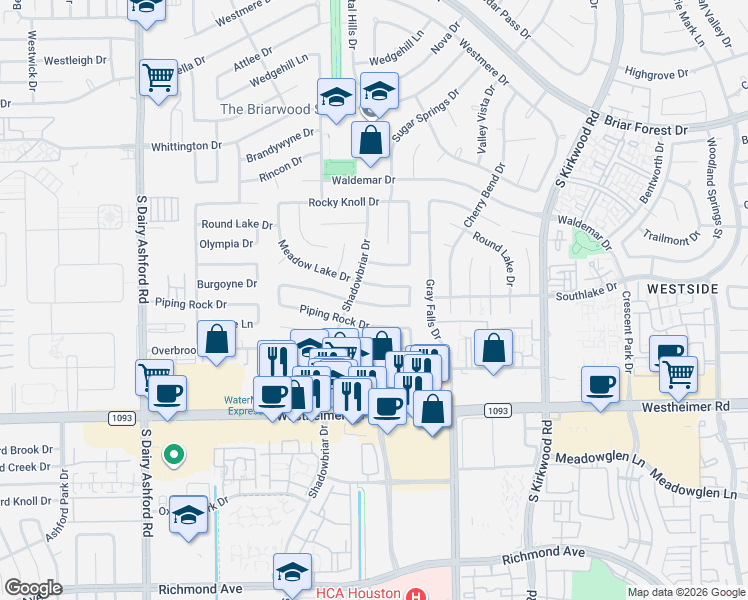 map of restaurants, bars, coffee shops, grocery stores, and more near 12142 Burgoyne Drive in Houston
