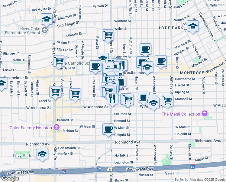 map of restaurants, bars, coffee shops, grocery stores, and more near 2801 Harold Street in Houston