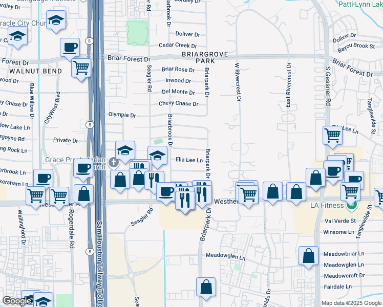 map of restaurants, bars, coffee shops, grocery stores, and more near 10027 Piping Rock Lane in Houston