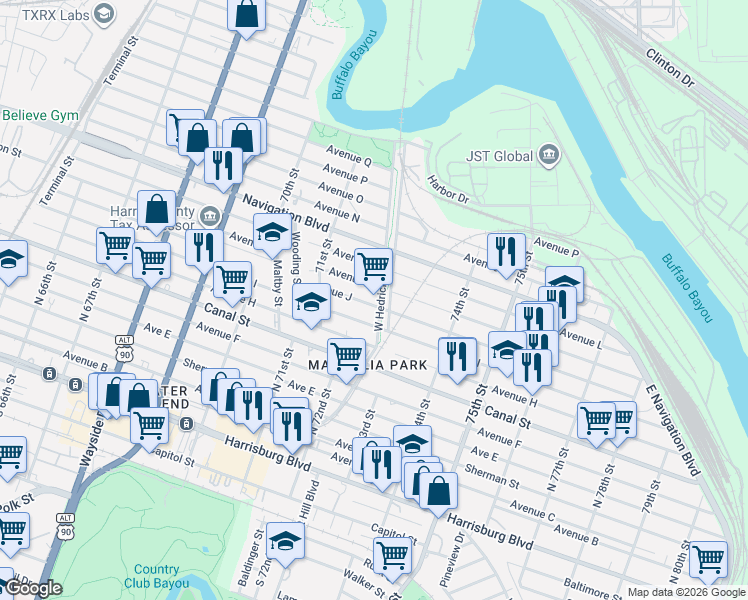 map of restaurants, bars, coffee shops, grocery stores, and more near 7215 Avenue J in Houston