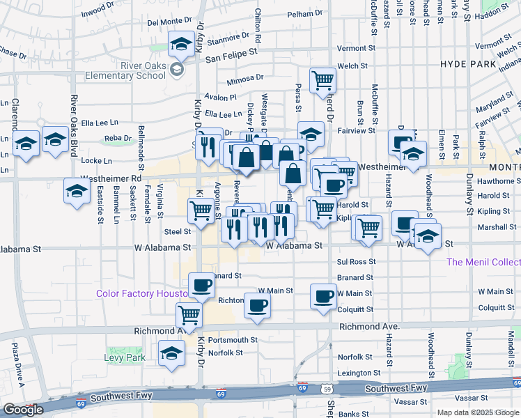 map of restaurants, bars, coffee shops, grocery stores, and more near 2752 Westgate Drive in Houston