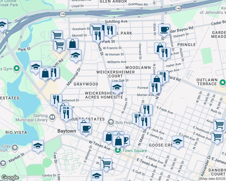 map of restaurants, bars, coffee shops, grocery stores, and more near 1000 North Pruett Street in Baytown