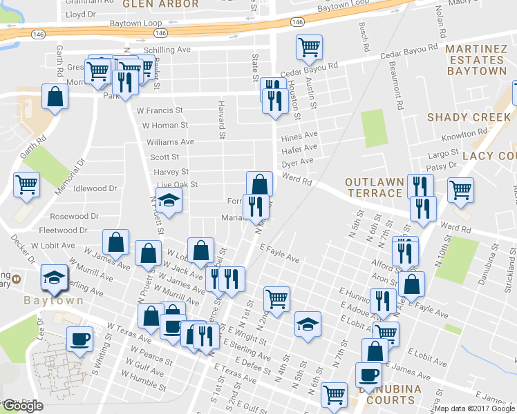 map of restaurants, bars, coffee shops, grocery stores, and more near 1050 North Commerce Street in Baytown