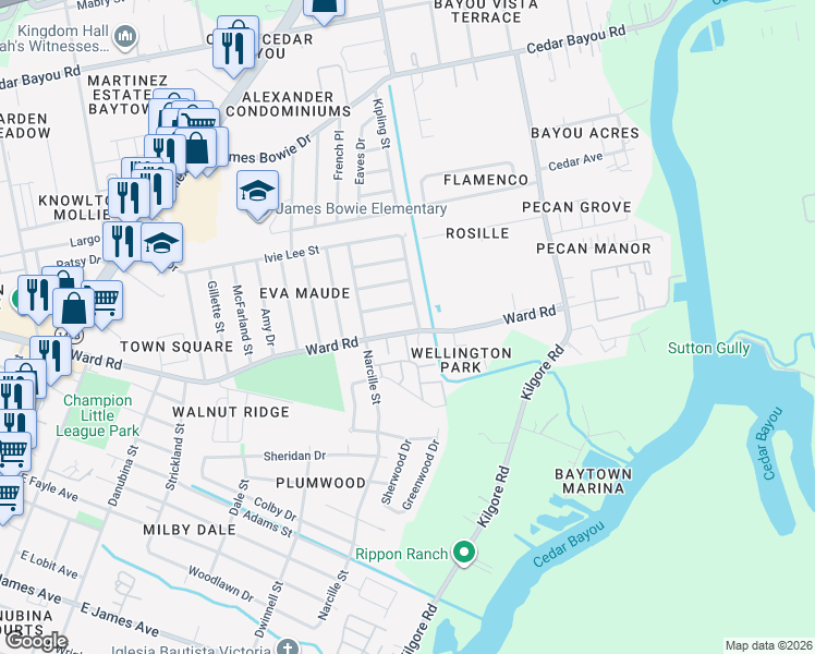 map of restaurants, bars, coffee shops, grocery stores, and more near 10 Ward Road in Baytown