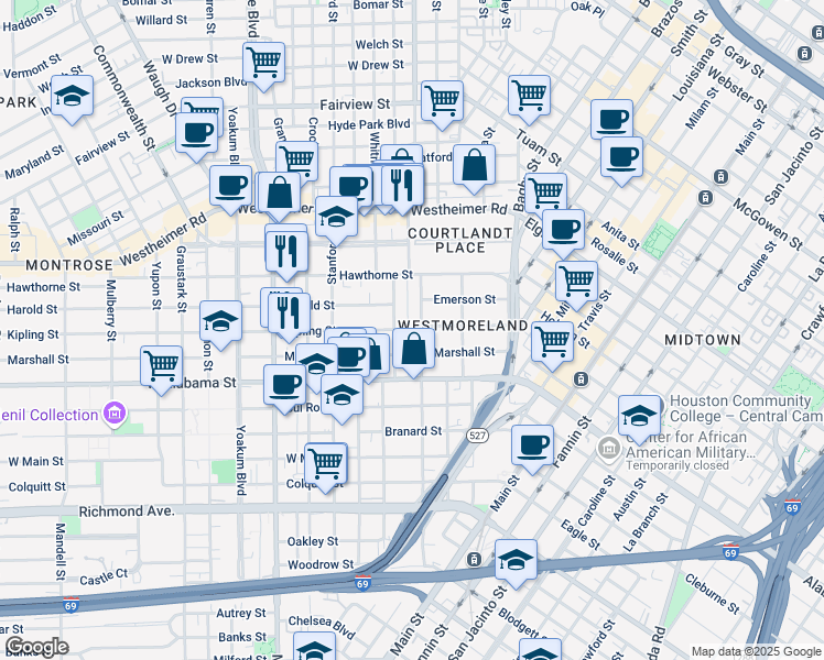 map of restaurants, bars, coffee shops, grocery stores, and more near 3602 Audubon Place in Houston