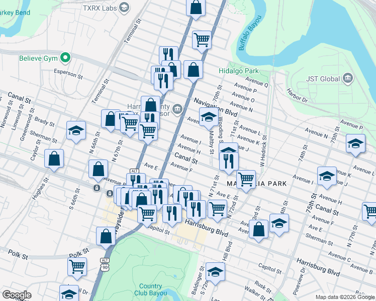 map of restaurants, bars, coffee shops, grocery stores, and more near 6936 Avenue H in Houston