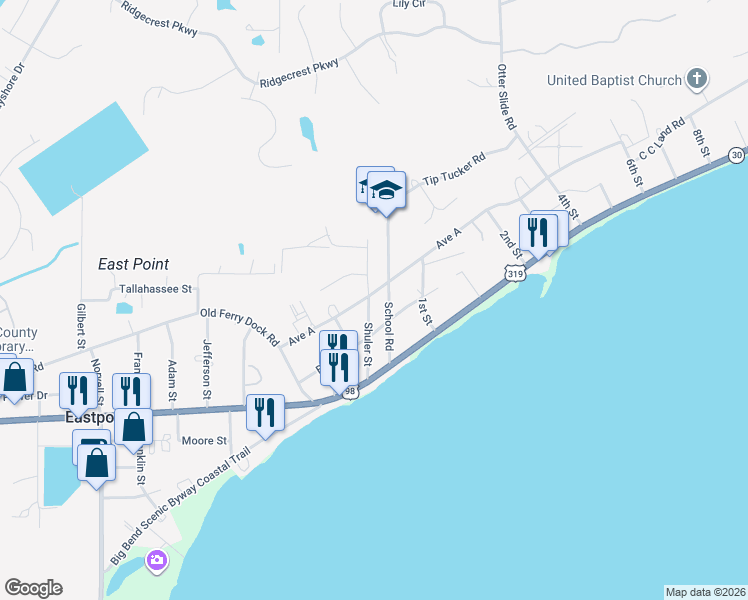 map of restaurants, bars, coffee shops, grocery stores, and more near 42 Shuler Street in Eastpoint