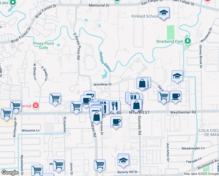 map of restaurants, bars, coffee shops, grocery stores, and more near 8787 Woodway Drive in Houston