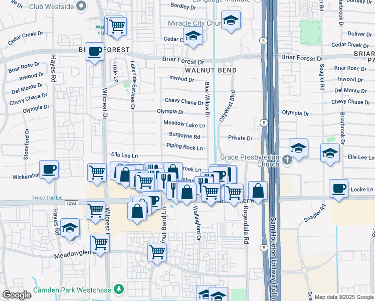 map of restaurants, bars, coffee shops, grocery stores, and more near 10627 Piping Rock Ln in Houston