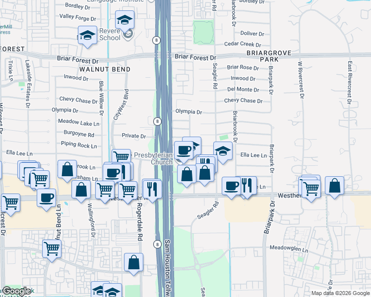 map of restaurants, bars, coffee shops, grocery stores, and more near 10311 Piping Rock Lane in Houston