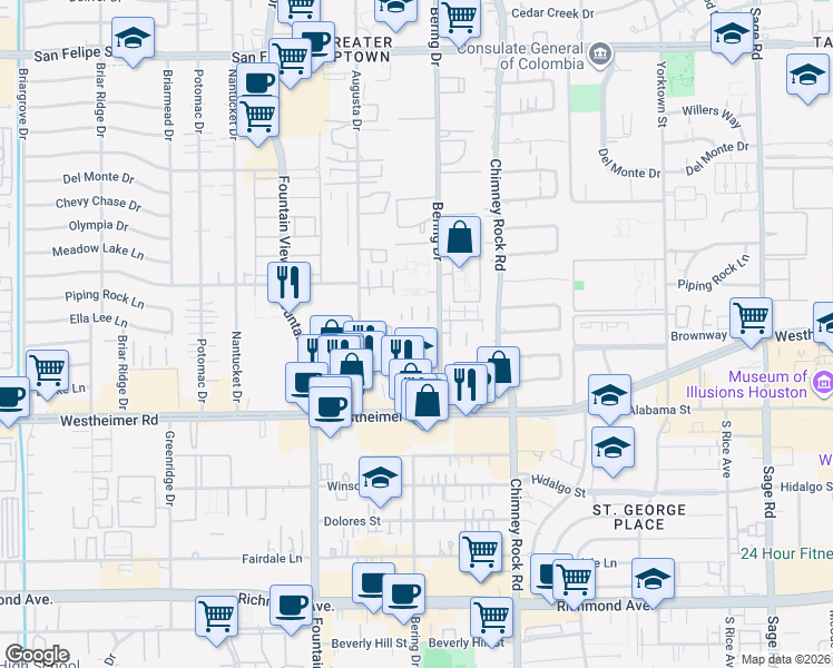 map of restaurants, bars, coffee shops, grocery stores, and more near 2676 Bering Drive in Houston