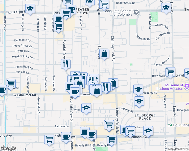 map of restaurants, bars, coffee shops, grocery stores, and more near 2684 Bering Drive in Houston