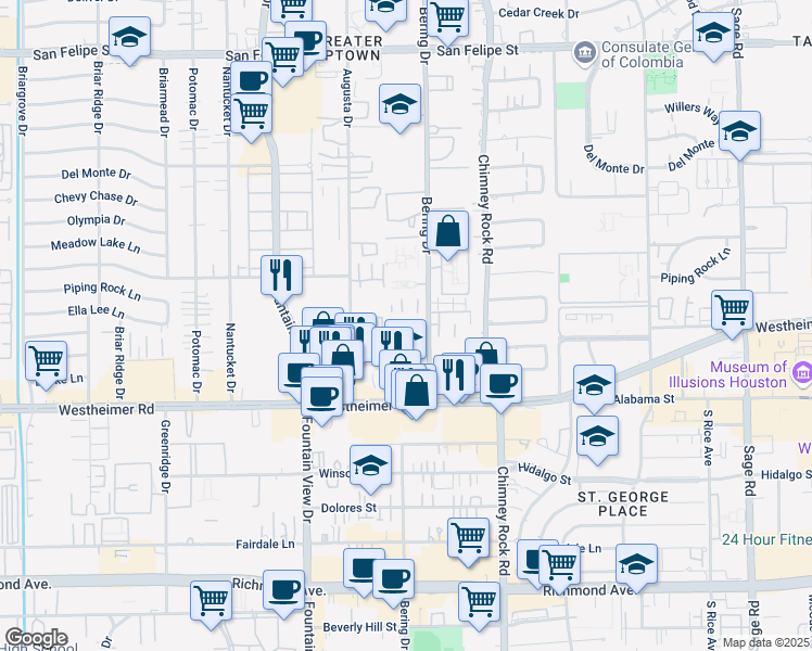 map of restaurants, bars, coffee shops, grocery stores, and more near 2676 Bering Drive in Houston