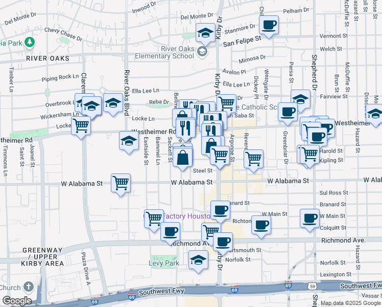 map of restaurants, bars, coffee shops, grocery stores, and more near 2915 Virginia Street in Houston