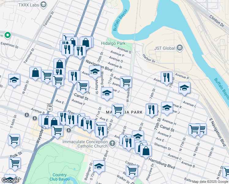 map of restaurants, bars, coffee shops, grocery stores, and more near 7110 Avenue J in Houston