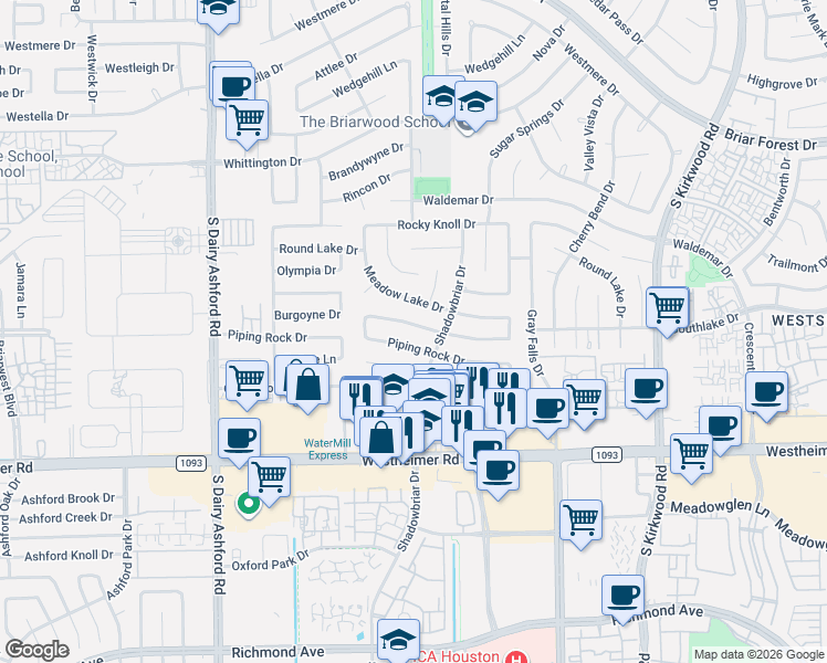 map of restaurants, bars, coffee shops, grocery stores, and more near 12215 Burgoyne Drive in Houston