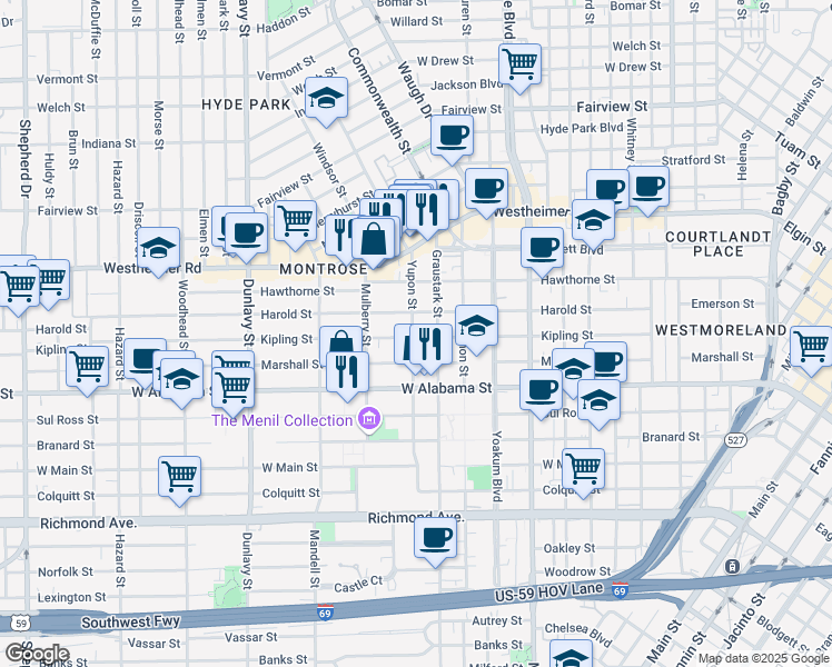 map of restaurants, bars, coffee shops, grocery stores, and more near 3531 Yupon Street in Houston