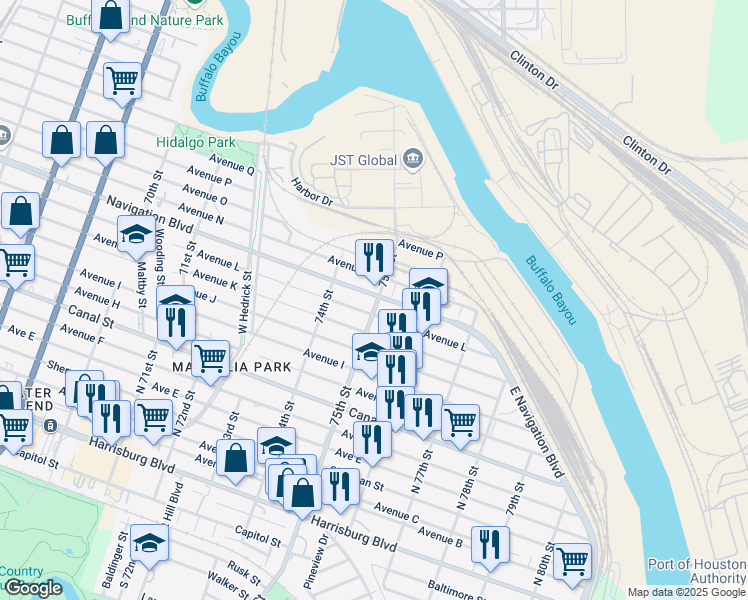 map of restaurants, bars, coffee shops, grocery stores, and more near 1209 75th Street in Houston