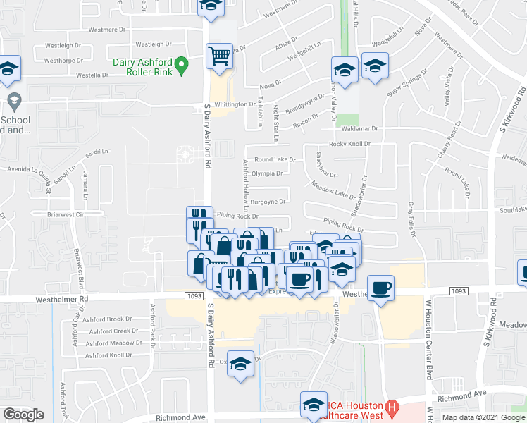 map of restaurants, bars, coffee shops, grocery stores, and more near 12514 Piping Rock Drive in Houston