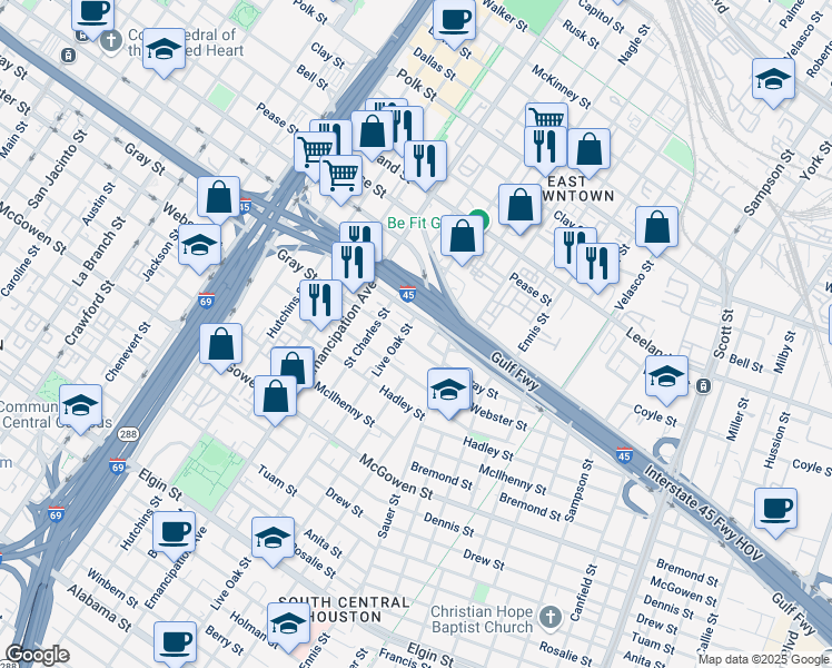 map of restaurants, bars, coffee shops, grocery stores, and more near 2618 Pierce Street in Houston