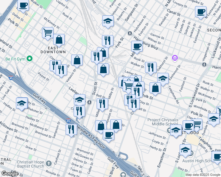 map of restaurants, bars, coffee shops, grocery stores, and more near 1314 Milby Street in Houston