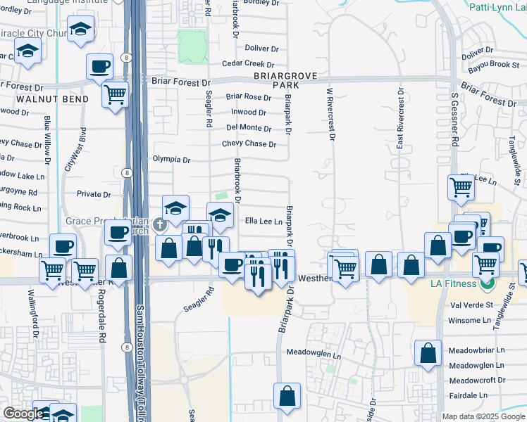 map of restaurants, bars, coffee shops, grocery stores, and more near 10027 Piping Rock Lane in Houston