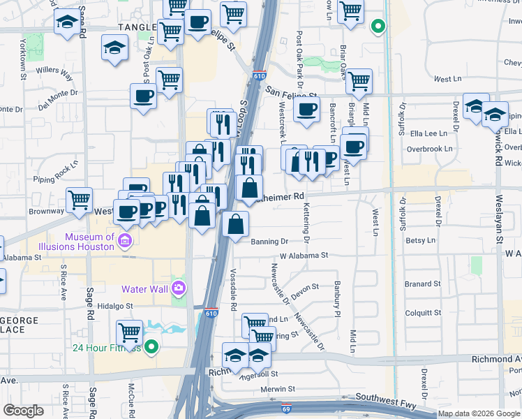 map of restaurants, bars, coffee shops, grocery stores, and more near 4701 Westheimer Road in Houston