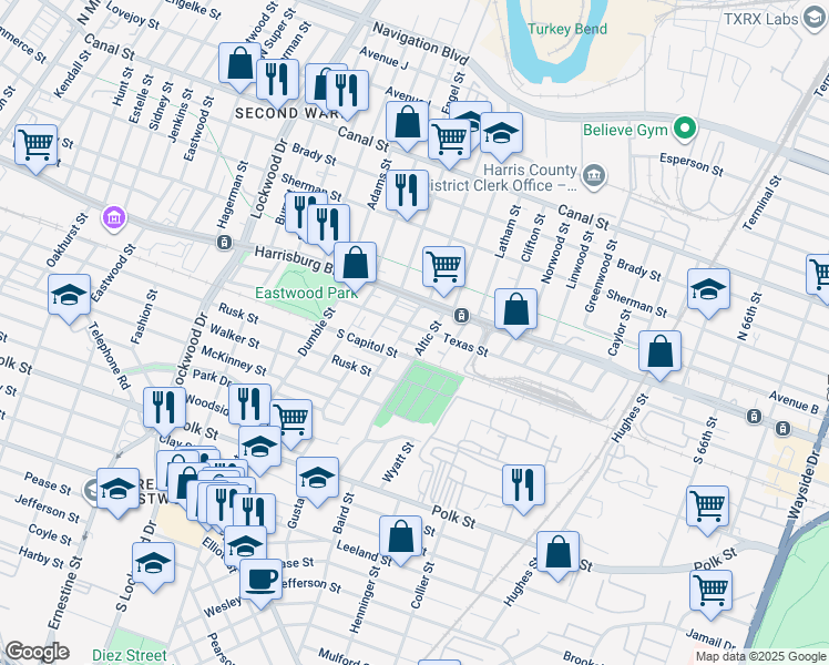 map of restaurants, bars, coffee shops, grocery stores, and more near 5404 Texas St in Houston