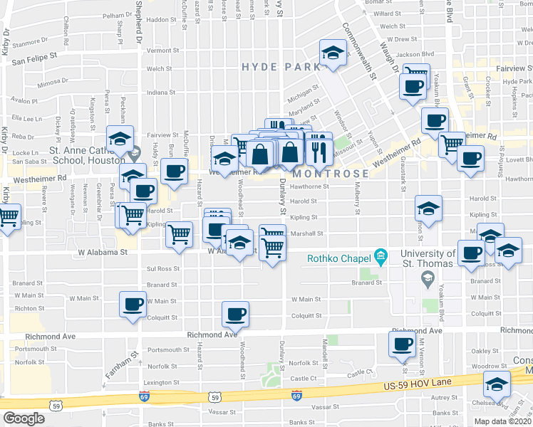 map of restaurants, bars, coffee shops, grocery stores, and more near 1724 Kipling Street in Houston
