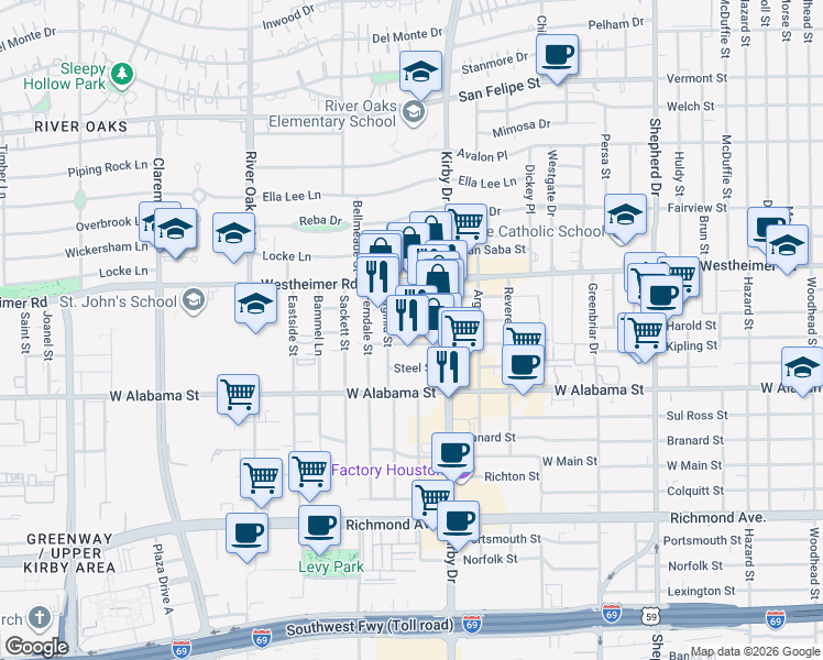 map of restaurants, bars, coffee shops, grocery stores, and more near 2724 Kipling Street in Houston