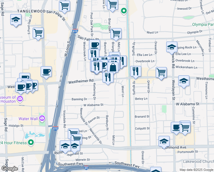 map of restaurants, bars, coffee shops, grocery stores, and more near in Houston