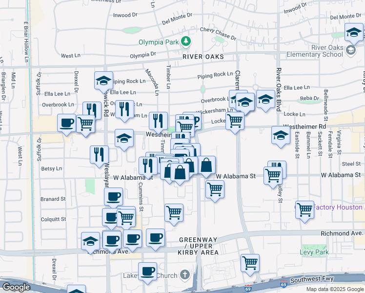 map of restaurants, bars, coffee shops, grocery stores, and more near 2704 Joanel Street in Houston