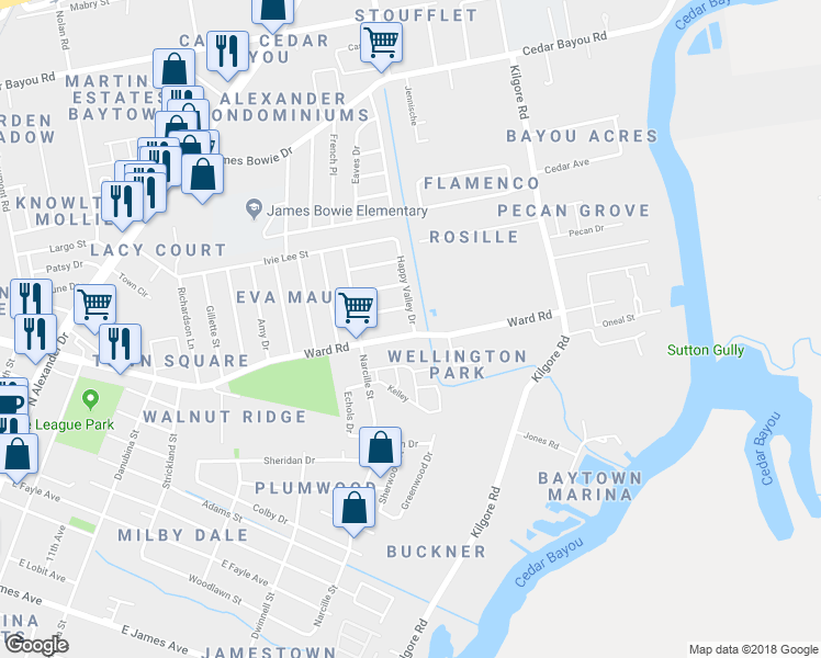 map of restaurants, bars, coffee shops, grocery stores, and more near 2020 Ward Road in Baytown
