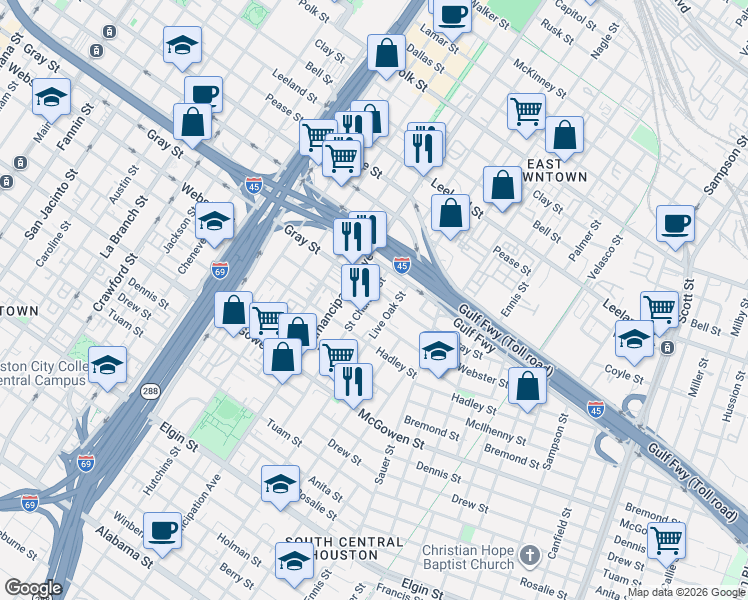 map of restaurants, bars, coffee shops, grocery stores, and more near 2102 Live Oak Street in Houston