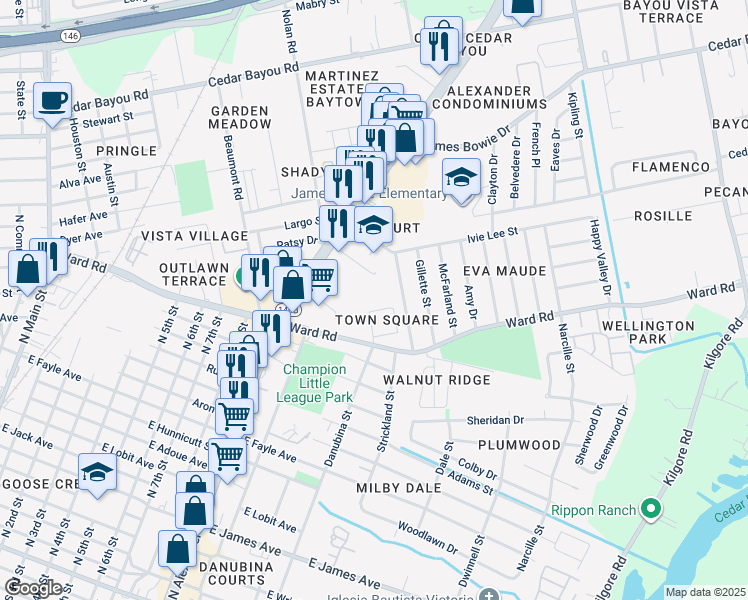map of restaurants, bars, coffee shops, grocery stores, and more near 1700 Danubina Street in Baytown