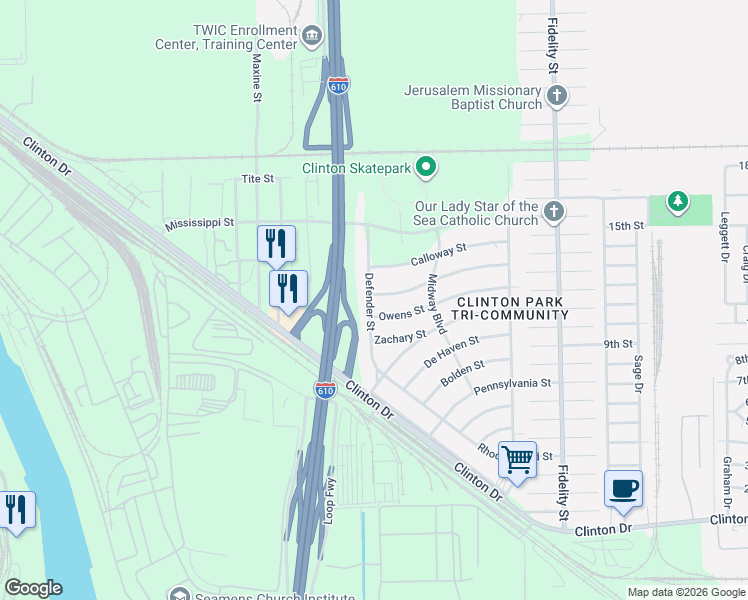 map of restaurants, bars, coffee shops, grocery stores, and more near 102 Georgia Street in Houston