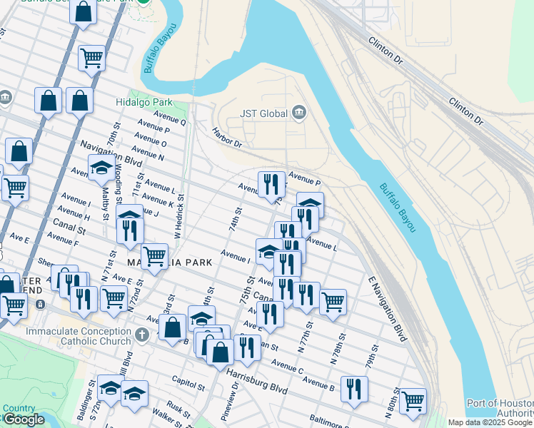 map of restaurants, bars, coffee shops, grocery stores, and more near 1209 75th Street in Houston