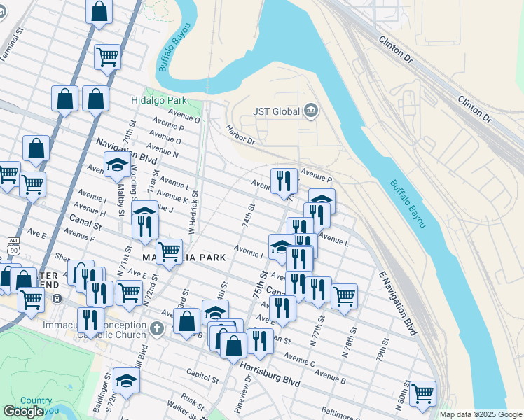 map of restaurants, bars, coffee shops, grocery stores, and more near 7409 Avenue L in Houston