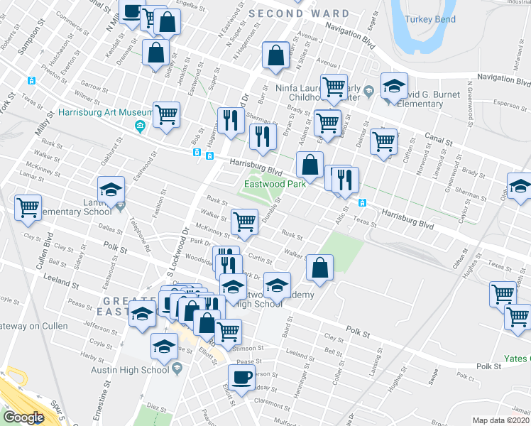 map of restaurants, bars, coffee shops, grocery stores, and more near 4815 Rusk Street in Houston