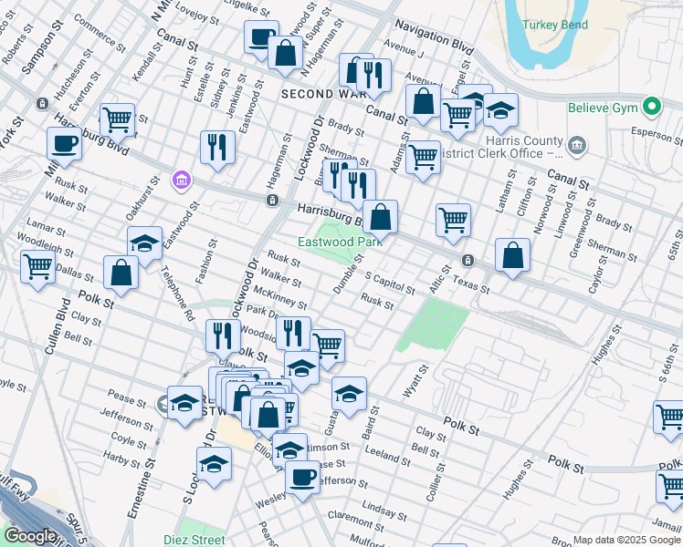 map of restaurants, bars, coffee shops, grocery stores, and more near 4815 Rusk Street in Houston